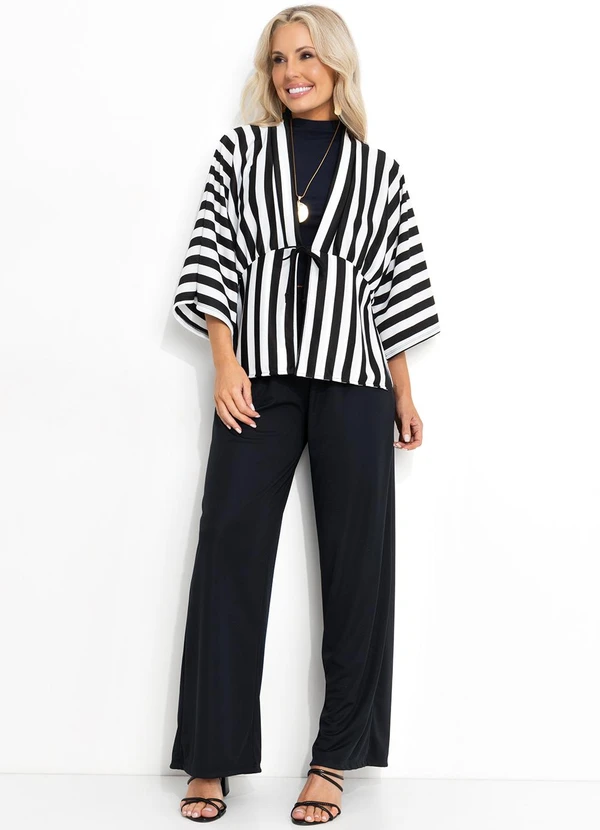 Moda Pop - Casaco Listrado Preto Branco em Malha Fio Tinto 3