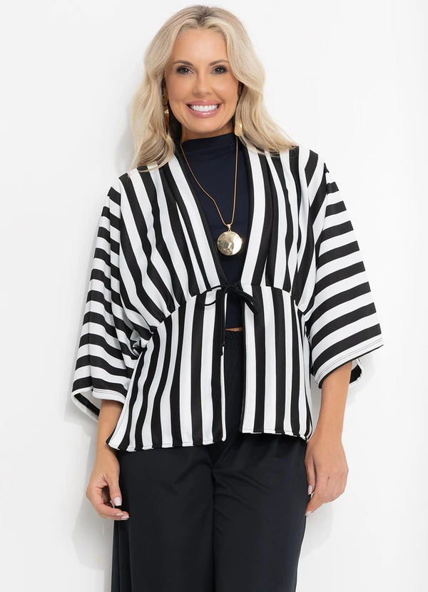 Moda Pop - Casaco Listrado Preto Branco em Malha Fio Tinto 6