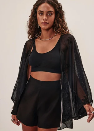 Elegance - Kimono Alongado com Mangas Amplas Preto - ELEGANCE