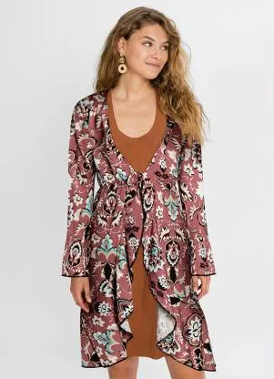bonprix - Kimono com Amarração Floral Étnico Bordô - BONPRIX