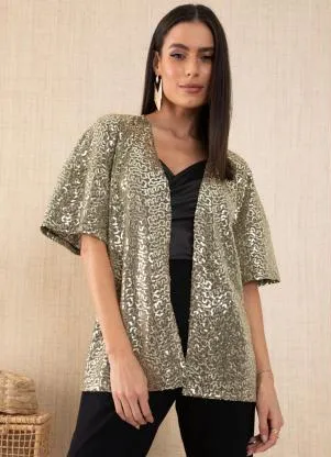 Outlet - Kimono de Paetê Dourado com Mangas Curtas - OUTLET
