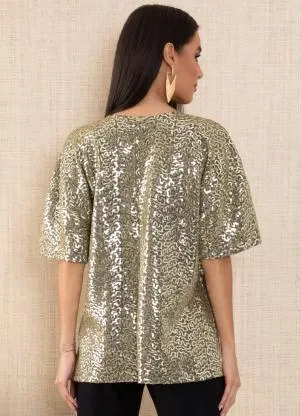 Outlet - Kimono de Paetê Dourado com Mangas Curtas - OUTLET