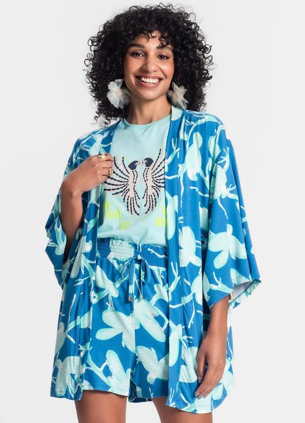 Rovitex - Kimono Feminino Estampa de Pássaros Azul