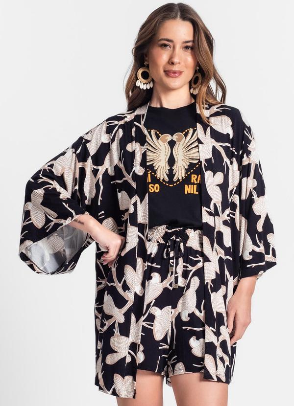 Rovitex - Kimono Feminino Estampa de Pássaros Preto