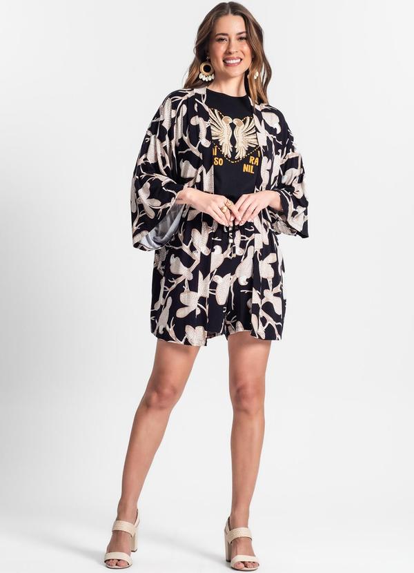 Rovitex - Kimono Feminino Estampa de Pássaros Preto 3