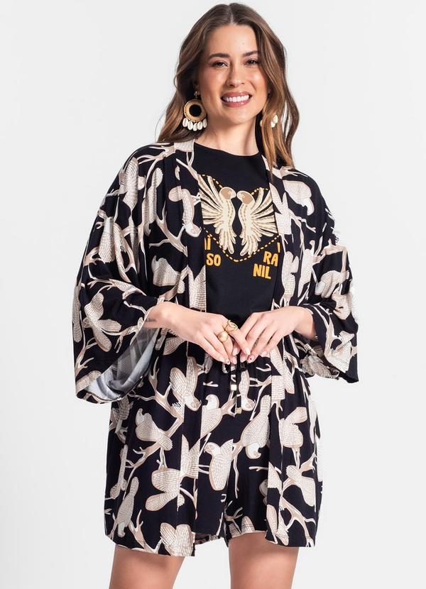 Rovitex - Kimono Feminino Estampa de Pássaros Preto 4
