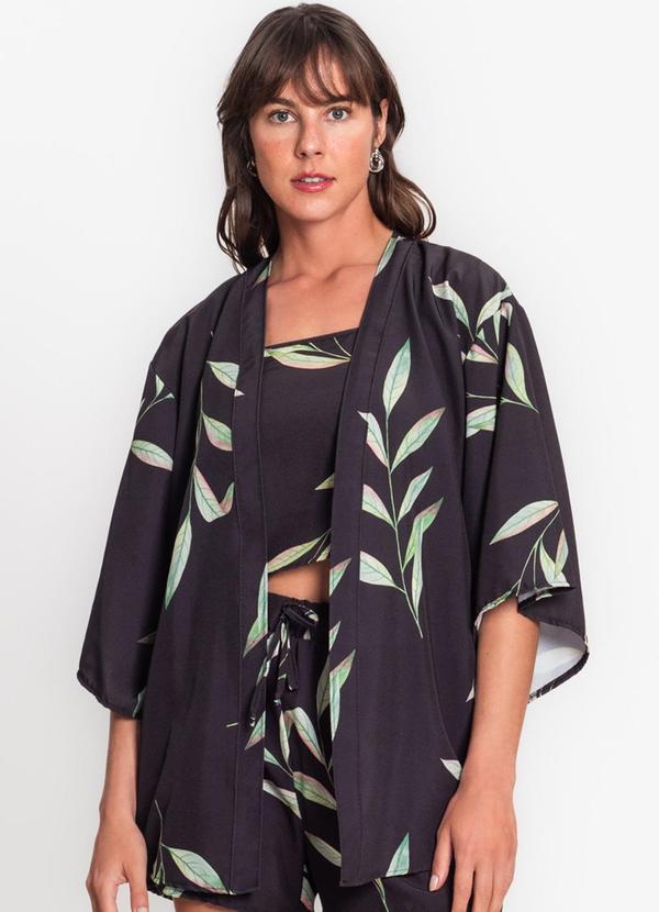 Rovitex - Kimono Feminino Estampado em Tactel Preto