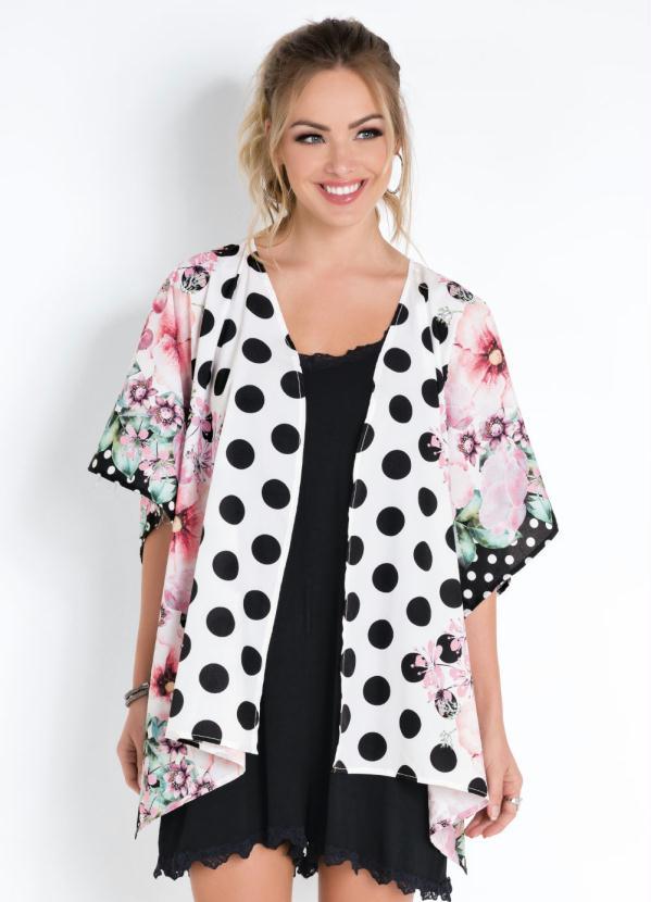 Quintess - Kimono Floral Poá Amplo com Abertura Lateral