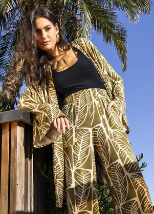 Quintess - Kimono Folhagem Abstrata em Malha Texturizada - QUINTESS