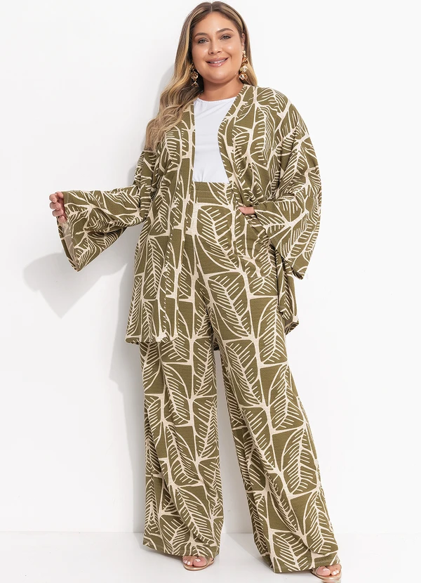 Quintess - Kimono Folhagem Abstrata em Malha Texturizada 12