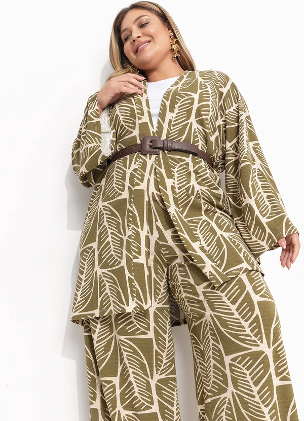 Quintess - Kimono Folhagem Abstrata em Malha Texturizada