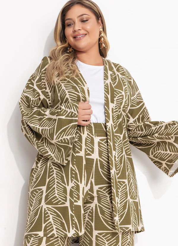 Quintess - Kimono Folhagem Abstrata em Malha Texturizada 14
