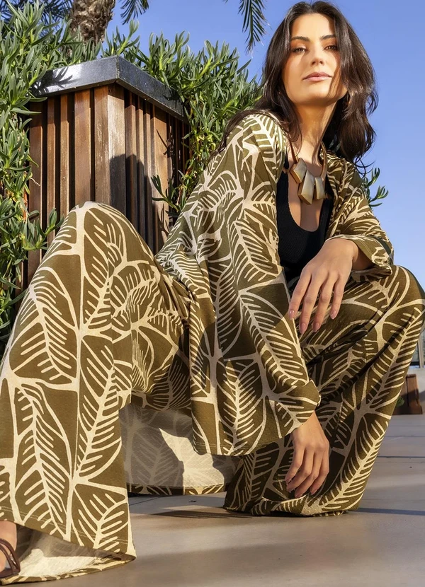 Quintess - Kimono Folhagem Abstrata em Malha Texturizada 5