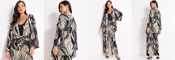 Kimono Folhagem Preto em Canelado