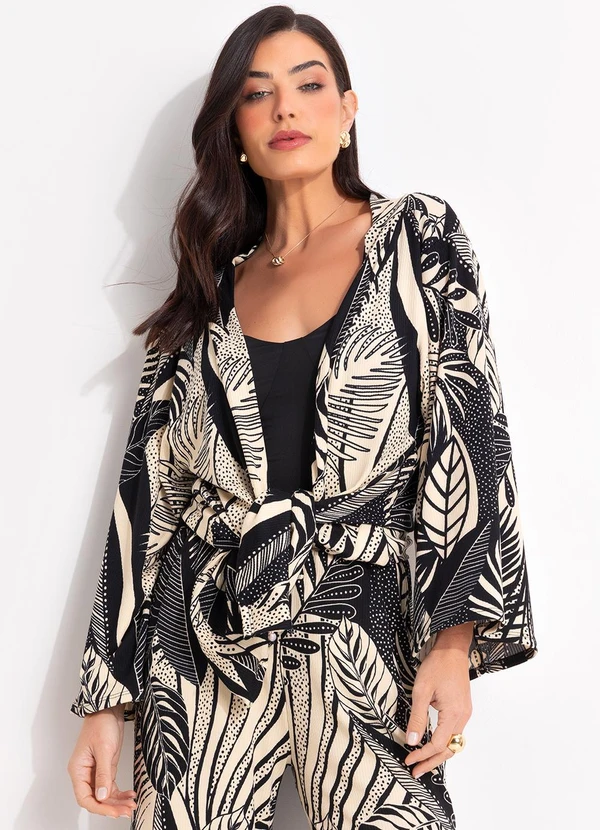 Quintess - Kimono Folhagem Preto em Canelado