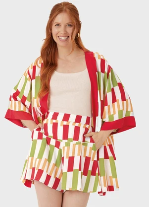 Malwee - Kimono Geométrico em Viscose Vermelho - MALWEE