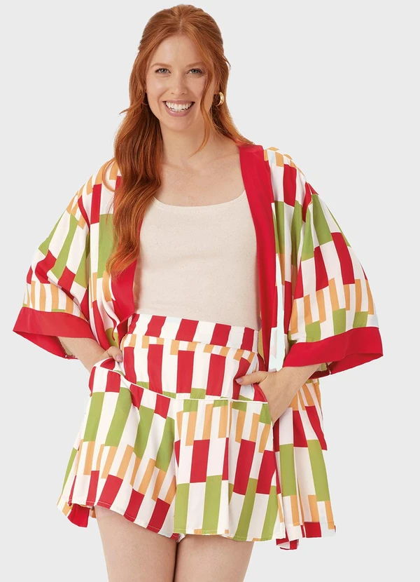 Malwee - Kimono Geométrico em Viscose Vermelho
