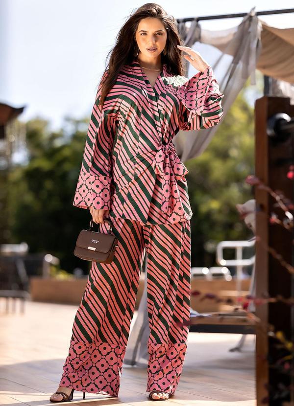 Quintess - Kimono Longo Estampado em Malha Fria com Amarração na Cintura