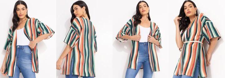 Kimono Listrado Irregular em Malha de Viscose Te