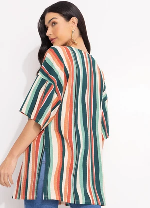 Quintess - Kimono Listrado Irregular em Malha de Viscose Te - QUINTESS