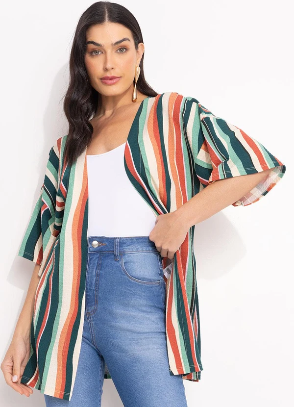 Quintess - Kimono Listrado Irregular em Malha de Viscose Te
