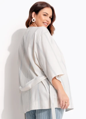 Quintess - Kimono Listrado Natural em Linho - QUINTESS