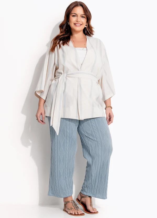 Quintess - Kimono Listrado Natural em Linho 12