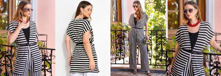 Kimono Listrado Preto e Branco em Malha Tric