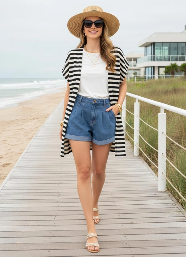 Quintess - Kimono Listrado Preto e Branco em Malha Tricô