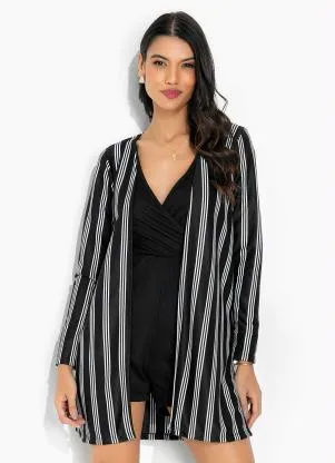 Moda Pop - Kimono Listras Preta com Fenda nas Laterais - MODA POP