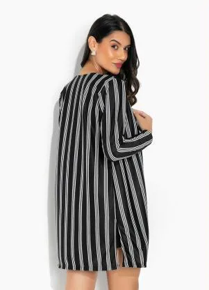 Moda Pop - Kimono Listras Preta com Fenda nas Laterais - MODA POP