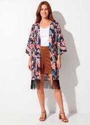 Kimono Paisley Preto em Tecido Plano com Franjas