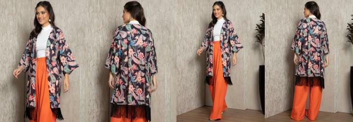 Kimono Paisley Preto em Tecido Plano com Franjas
