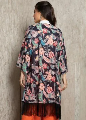 Quintess - Kimono Paisley Preto em Tecido Plano com Franjas - QUINTESS