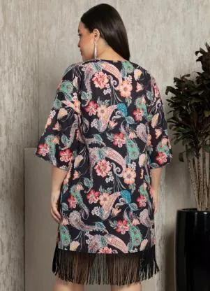 Quintess - Kimono Paisley Preto em Tecido Plano com Franjas - QUINTESS