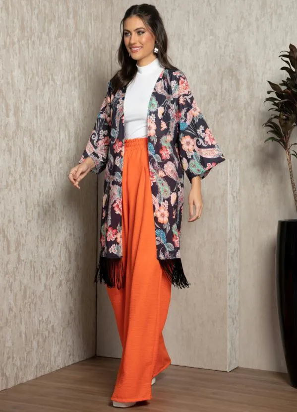 Quintess - Kimono Paisley Preto em Tecido Plano com Franjas 3