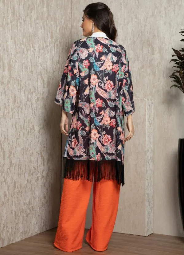 Quintess - Kimono Paisley Preto em Tecido Plano com Franjas 4