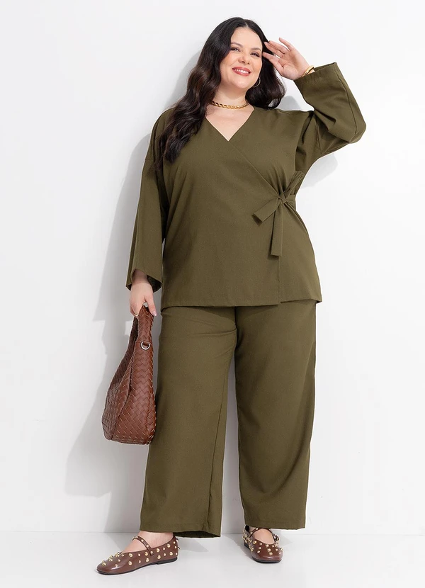 Marguerite - Kimono Verde Militar Tecido com Linho 5