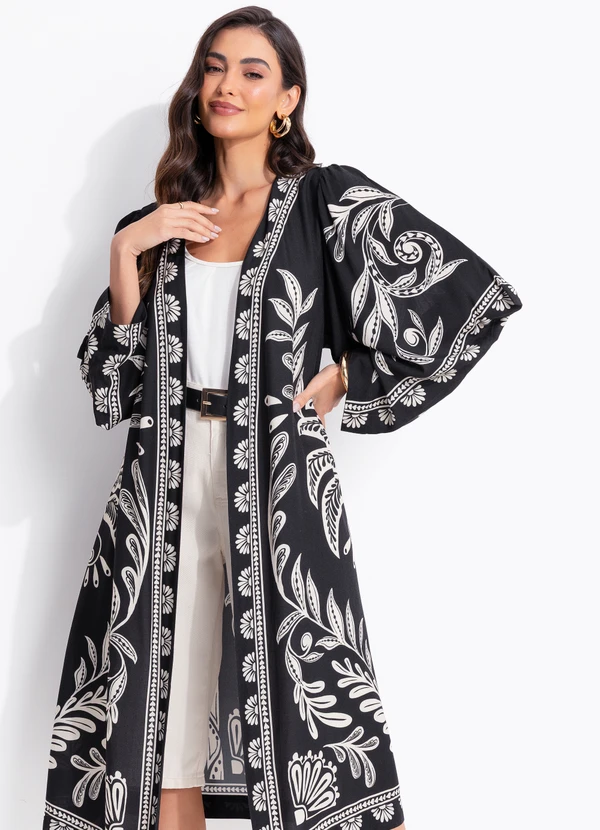 Farm - Maxi Kimono Coqueiro Sereno Preto