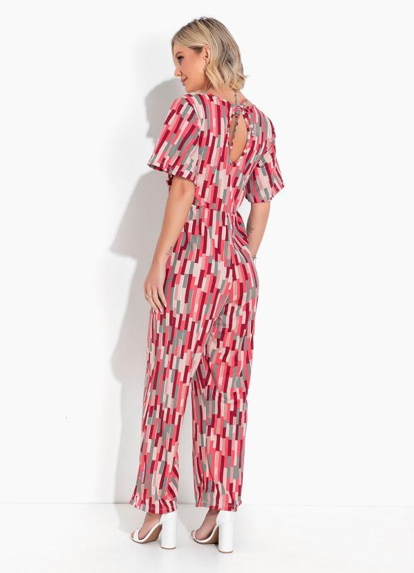 Moda Pop - Macacão Abstrato Vermelho com Decote V 2