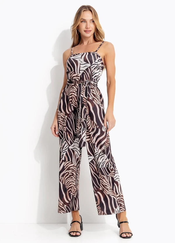 Quintess - Macacão Pantacourt Animal Print em Malha Fria com Alças Reguláveis