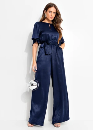 Quintess - Macacão Azul Marinho em Crepe Plano Aveludado - QUINTESS