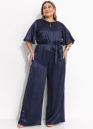 Quintess - Macacão Azul Marinho em Crepe Plano Aveludado - QUINTESS