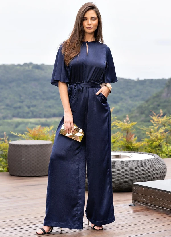 Quintess - Macacão Azul Marinho em Crepe Plano Aveludado 6