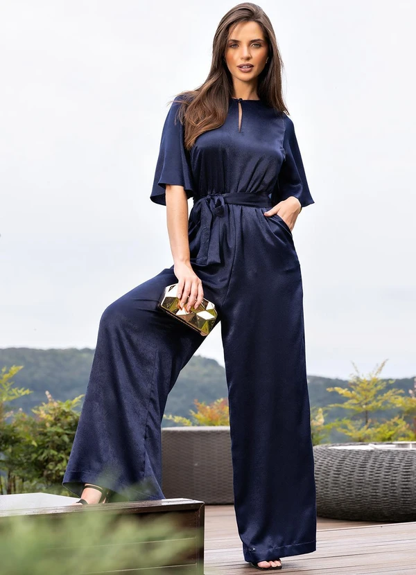 Quintess - Macacão Azul Marinho em Crepe Plano Aveludado 8