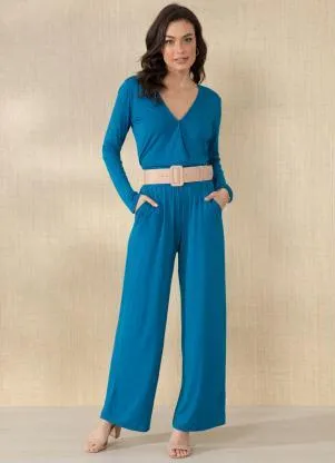 Queima Estoque - Macacão Azul Soltinho com Decote Transpassado - QUEIMA ESTOQUE