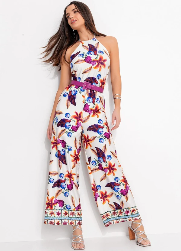 Quintess - Macacão Barrado Floral em Malha Fria