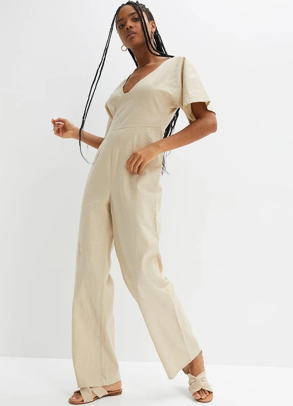 bonprix - Macacão Bege em Tecido Plano Sarjado