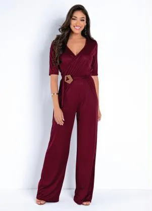 Moda Pop - Macacão Bordô Pantalona com Fivela na Cintura - MODA POP