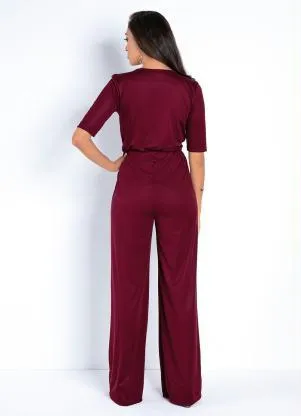 Moda Pop - Macacão Bordô Pantalona com Fivela na Cintura - MODA POP
